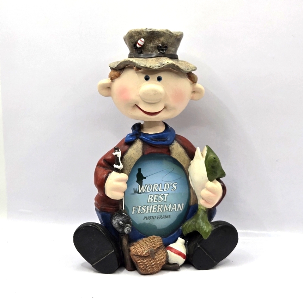 Vintage Fisherman Fish Bobblehead Photo Picture Frame  World's Best Gift Dad 7"H